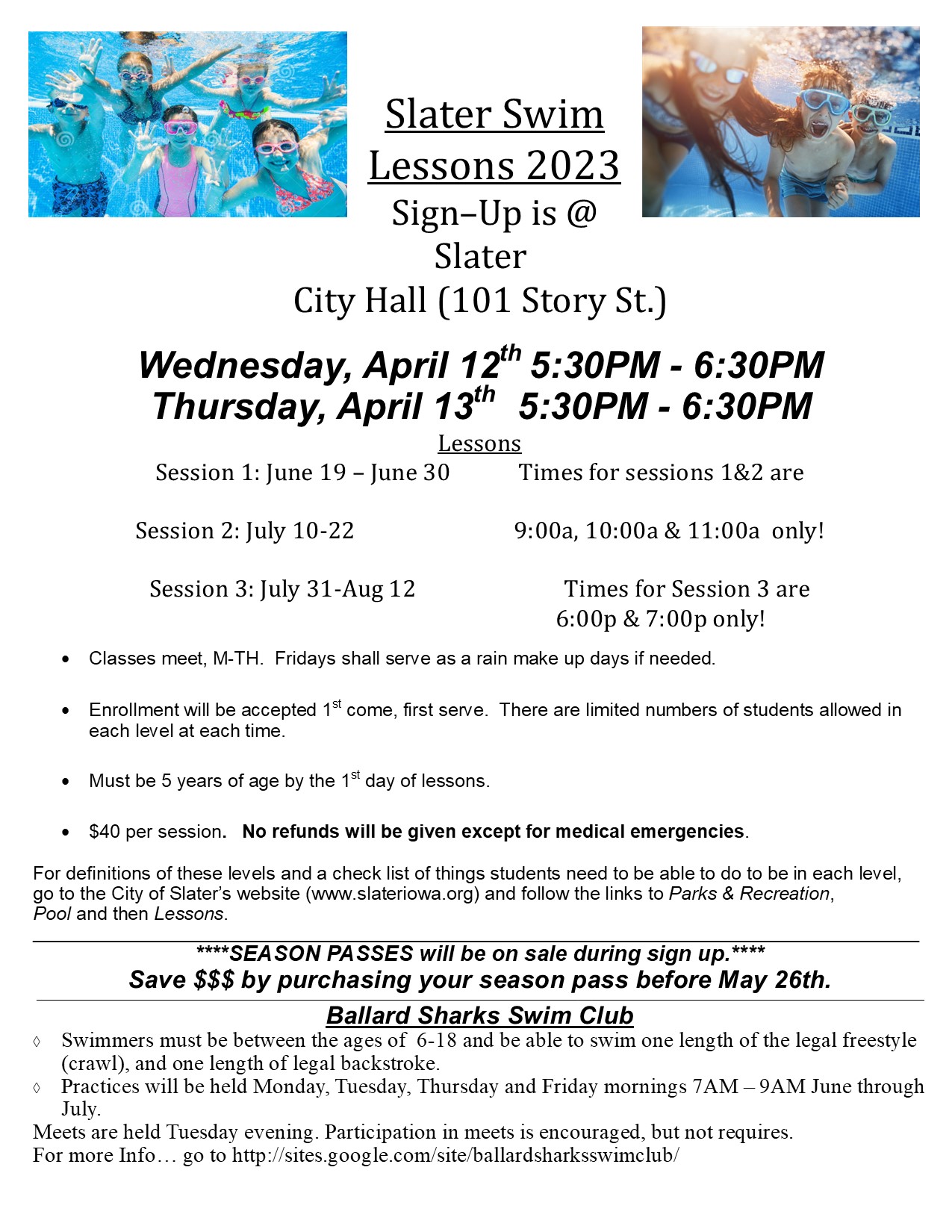 swim lesson sign up dates 